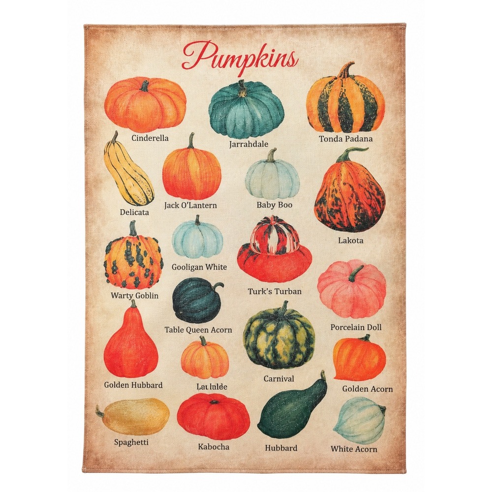 Pumpkin Variety Chart Wall Hanging Fabric Textile Fall Kitchen Decor One Size